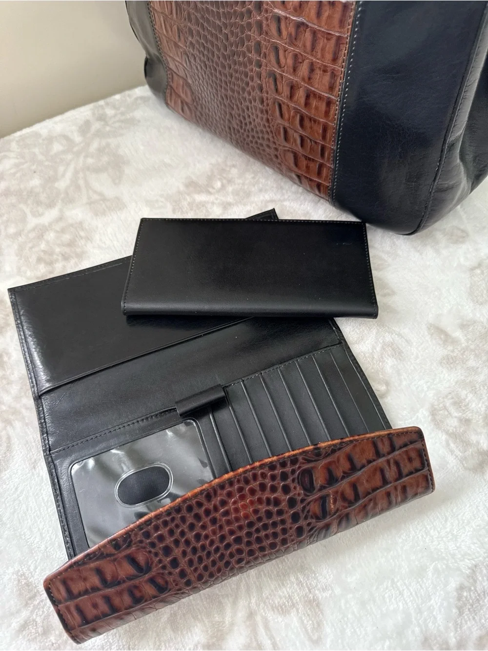 Brahmin Leather Checkbook Wallet Black Brown Croco Embossed Clutch Organizer